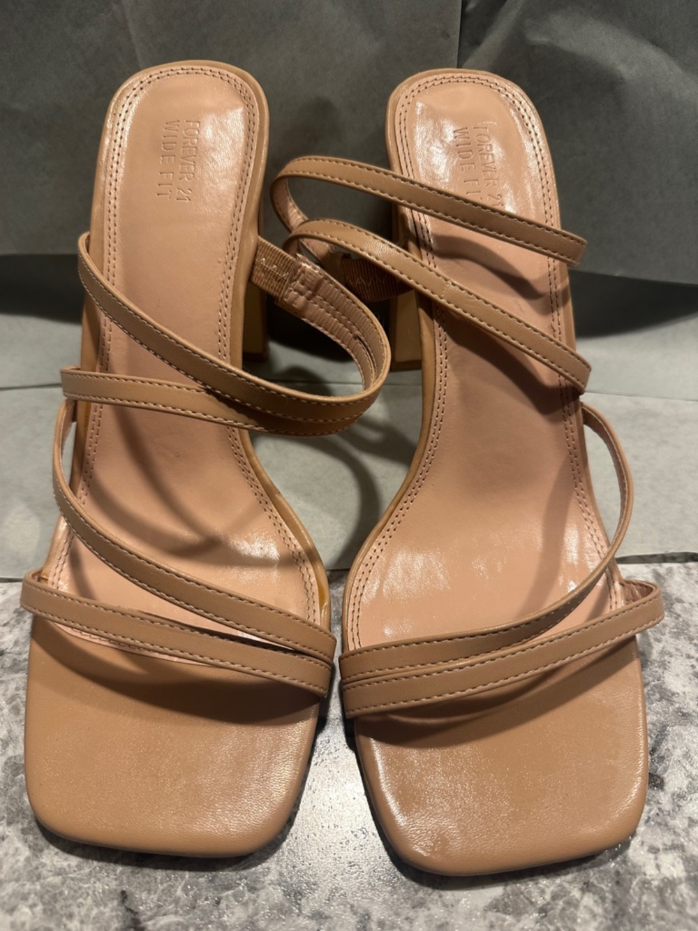 Forever 21 Tan Strappy Square-Toe Block Heel Sandals